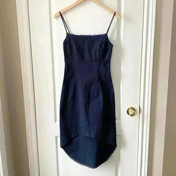 Le Chateau Denim Slip Dress Bodycon Stretch Blue High Low Size Small NWT - Picture 3 of 15